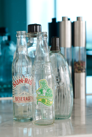 Retro vintage soda bottles in a kitchenのeditorial素材