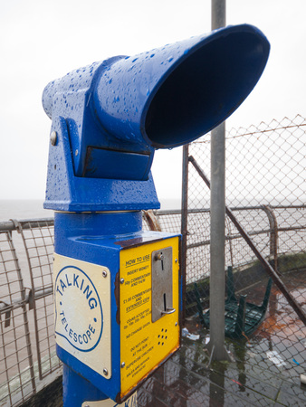 England, Blackpool, 04/22/2015, Retro blue telescope on the end of north pier in blackpool.のeditorial素材
