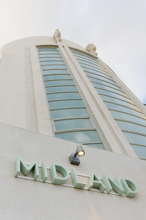 England, Morecambe, 08162015, Vintage by the sea weekend at the Midland Hotel, Midland Hotel art deco exterior and sign.のeditorial素材
