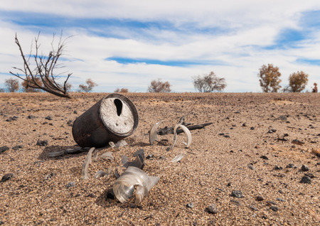 A black burnt tree, burnt glass bottles and a drinks can, in the Australian outback after a bush...
