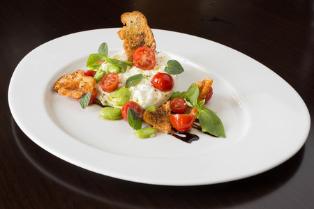 Delicious tomato and mozzarella cheese salad caprese, served on a white plate, with basil, croutons...
