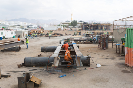 Aqaba, Jordan, 10/10/2015, Welding construction work at the Aqaba new portのeditorial素材