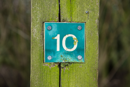 Rustic number ten sign, on a wooden marker , on a walking trail, in a mossy forest.の写真素材