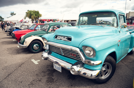 England, Morecambe, 08/16/2016, GMC retro vintage pickup truck at the Vintage by the sea weekend at the Midland Hotel in england, Retro vintage cars outside the midland hotel.のeditorial素材