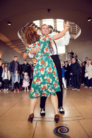morecambe, england, 05/05/2017, A man and woman dancing to 1940s retro vintage world war two swing music,  at the vintage weekend in morecambe midland hotel.のeditorial素材
