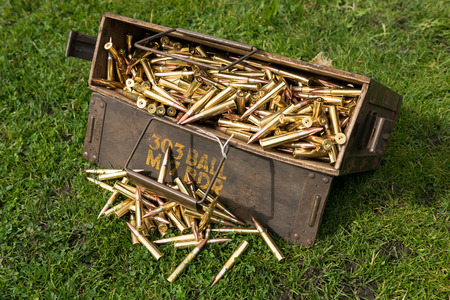 An ammunition casing holding spitfire machine gun anti aircraft bullets. Armour piercing bullets.の写真素材