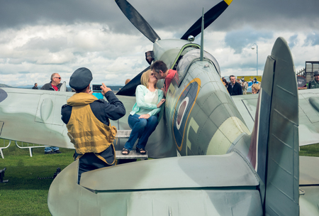morecambe, england, 02/05/2016, A full life size spitfire war plane replica with giant propellors, in a field on view to the public.のeditorial素材