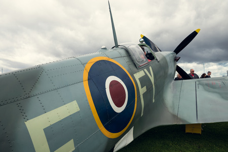 morecambe, england, 02/05/2016, A full life size spitfire war plane replica with giant propellors, in a field on view to the public.のeditorial素材