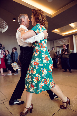 morecambe, england, 05/05/2017, A man and woman dancing to 1940s retro vintage world war two swing music,  at the vintage weekend in morecambe midland hotel.のeditorial素材