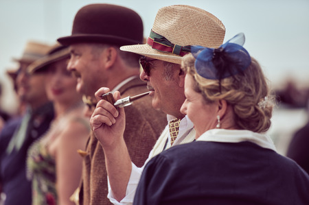morecambe, England, 05/05/2017, A group of stylish retro vintage fashionable men and women acting and posing in fancy dress cosplay in a Best dressed award at a vintage event at the Midland hotel.のeditorial素材