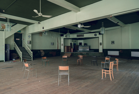 london, england, 05/05/2018 An abandoned old vintage dance hall in an art deco closed scary building. Forgotten history and past. Dated and out of fashion.のeditorial素材