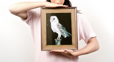 london, england, 05/05/2018, A white female holding a photo frame with an owl in a white studio setting. photo frames isolated. perfect for compositesのeditorial素材