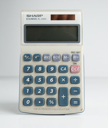 london, england, 05/05/2018 A retro solar powered vintage solar powered calculator. 1980s technology for school maths and accounting. nostalgic equipment with analog rubber buttonsのeditorial素材