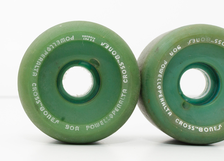 london, england, 05/05/2018 Retro vintage 1980s powell peralta cross bones 60mm 90a skateboarding wheels. Large skate wheels used for street skating and vert ramp skating.のeditorial素材