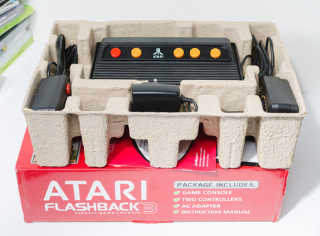 london, england, 05/05/2018 A Retro vintage atari flashback 3 arcade console re issue. A modern plug...