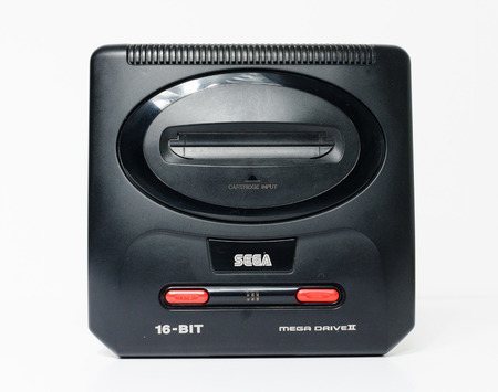 london, england, 05/05/2018 Sega megadrive 2 16 bit and Sega Mega drive 2 black shiny plastic retro...