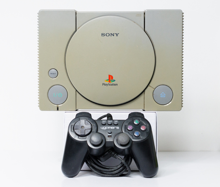 london, england, 07/05/2018 An original sony playstation console from 1994. PS1 retro video game...
