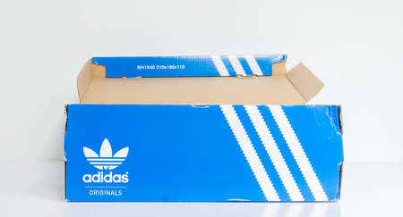 london, england, 05/05/2018  empty blue Adidas forest hills isolated trainer cardboard box. adidas...
