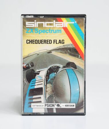 london, england, 05/05/2018 Retro vintage spectrum 48k arcade video game classic a chequered flag...