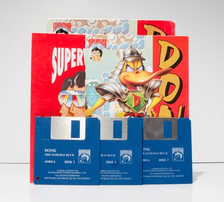 london, england, 05/05/2018 Retro vintage commodore amiga, cbm arcade video game classic donk in a big box rare format. collectors nostalgic 8 bit computer game.のeditorial素材