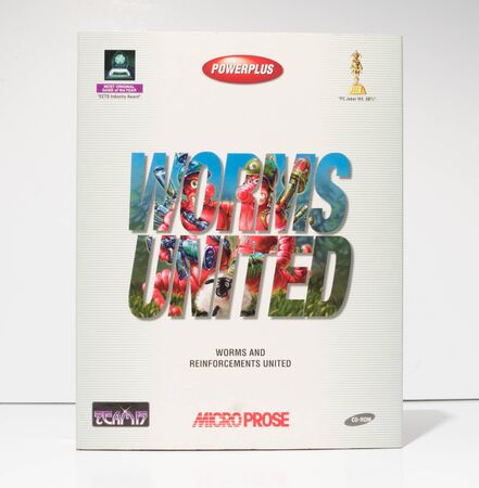 london, england, 05/05/2018 Retro vintage commodore amiga, cbm arcade video game classic worms united in a big box rare format. collectors nostalgic 8 bit computer game.のeditorial素材