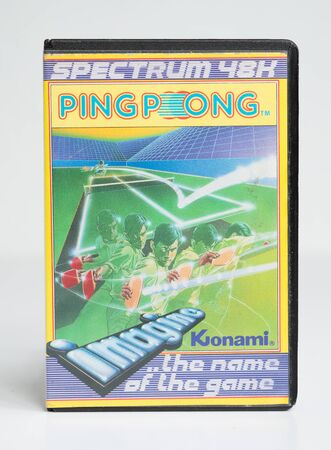 london, england, 05/05/2018 Retro vintage spectrum 48k arcade video game classic a ping pong software, in a rare format. collectors nostalgic 8 bit computer game.のeditorial素材