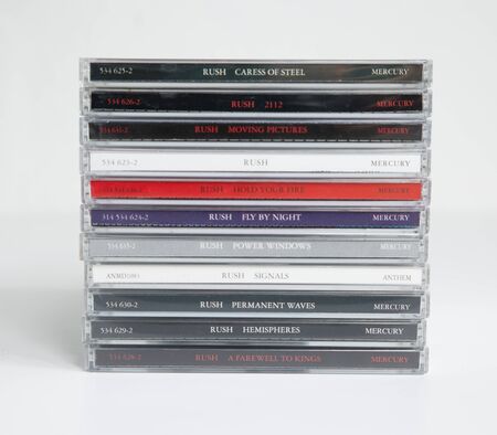 london, england, 05/05/2019 Rush Cds Rush was a Canadian rock band consisting of Geddy Lee, Alex...