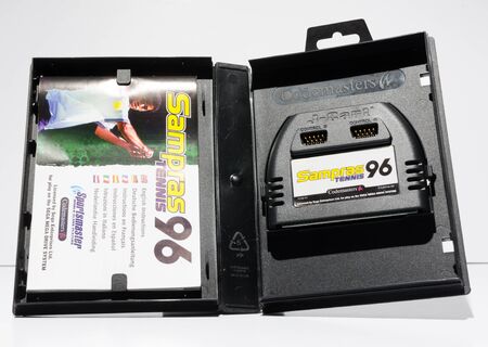 london, england, 05/05/2019 pete sampras tennis 1996 sega mega drive video game cartridge isolated...