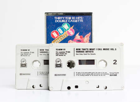 london, england, 05/05/2018 an Old retro audio tape now thats what i call music 5 .nostalgic 1980s music audio cassette. obsolete media format.のeditorial素材