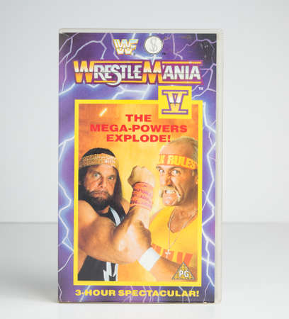 london, england, 05/05/2018 wrestle mania 5 hulk hogan and randy savage Old retro vhs tape isolated...