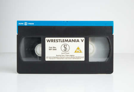 london, england, 05/05/2018 wrestlemania 5 hulk hogan and randy savage Old retro vhs tape isolated on a white background. nostalgic 1980s www wrestling video.のeditorial素材