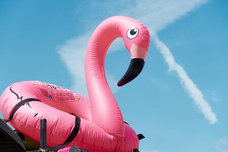 A giant rubber ring pink inflatable flamingo against a beautiful vivid blue summers day sky. Summer swimming apparatus, lifesaving devices and inflatable toys.                           の写真素材