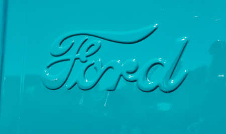 detroit, usa,  05/03/202 A beautiful antique vintage retro ford motors metal embossed logo on an...