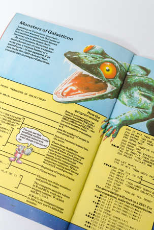 london, engand, 05/05/2019 A retro vintage computer space games usborne computer game coding manual, coding instruction to make vintage computer games for  bbc, apple, spectrum, vic 20, commodore,のeditorial素材