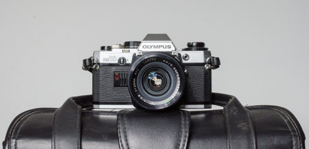 london, uk 05/05/2018 A Retro vintage olympus om 10 35mm single lens reflex film camera and lenses....