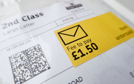 london, uk, 05/05/20202 A royal mail underpaid item fee return request on a second class posted large letter. Pre paid post returns lost in the post. Return to sender white envelope.のeditorial素材
