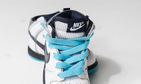 london, england, 05/05/202 Nike air Dunk High toddler and infant trainer sneakers nike model retro trainers, for kiddies and toddlers. Nike Air jordan basketball sneakers. Fashionable retro style street fashion.のeditorial素材