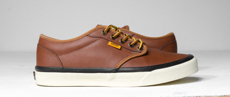 london, uk, 18/05/2019 Vans skateboarding Vans Era Lux brown Leather Mens Trainers style shoes white gum sole waffle sole. Iconic retro vintage classic fashion revival sneakers. signature skate shoes.のeditorial素材