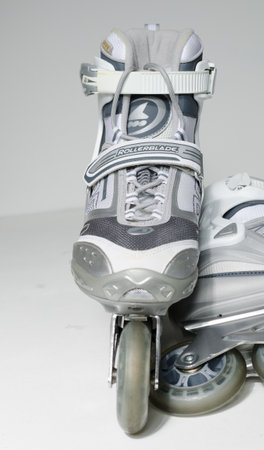 london, uk, 02/02/20202 white rollerblade sfr spark 8kw pro inline fitness skates rollerblades...