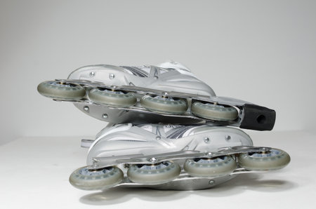 london, uk, 02/02/20202 white rollerblade sfr spark 8kw pro inline fitness skates rollerblades unisex. health and fitness beach promenade skating. cardio exercise skaters blades.のeditorial素材