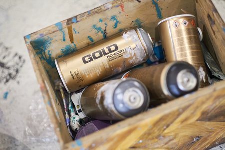 Kent, uk 01.01.2023 Montana Artists spray paint cans and materials and textures. Acrylic paint used by artists to create beautiful painted artworks. Artists use various material to create art. Spray paint texture.のeditorial素材