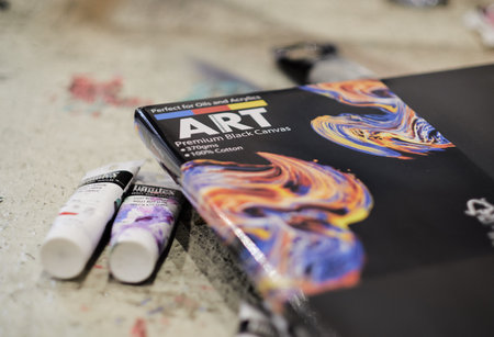 Kent, uk 01.01.2023 Montana Artists spray paint cans and materials and textures. Acrylic paint used by artists to create beautiful painted artworks. Artists use various material to create art. Spray paint texture.のeditorial素材