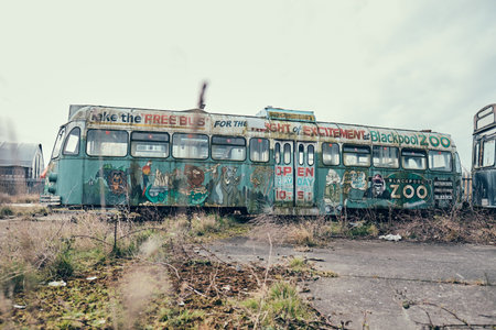 Blackpool, uk 01.01.2023 Old forgotten rusty Blackpool trams. Famous iconic seaside tourist...