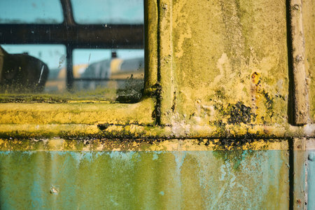 Old forgotten rusty Blackpool trams. Famous iconic seaside tourist attraction transport carriages. Rusting historic iconic trams rusting and rotting in a scrapyard.の写真素材