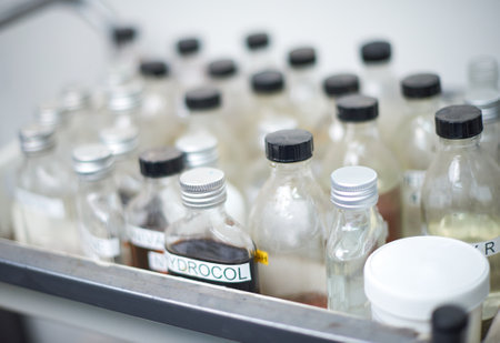 Chemical dye equipment and beakers in a fabric and industrial colouring cotton labratory factory. Dying fabrics for the fashion industry. Glass beakers and bottles.の写真素材