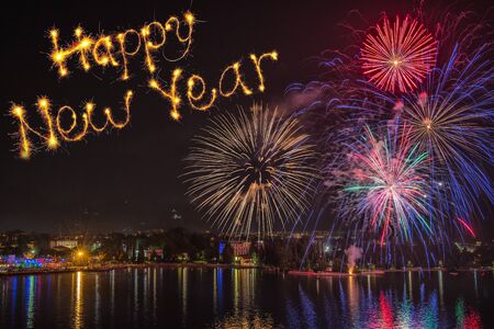 Happy new year 2017 written with firework on firework background