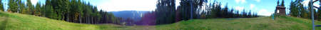 Full circle panoramic image of mountain meadows and forests. 360 Â° image of summer nature of Beskydy mountains. Sunny day scene.の写真素材