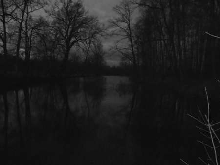 Blackwhite image - Scary night scene with bare trees under dark clouds around chilling silent pond with black water during snowless winter time.の写真素材