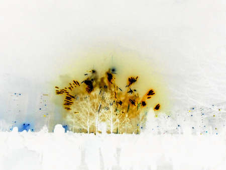 Inverted colors - Final light explosion of first wave of blue fireworks during New Year midnight pyrotechnics show.の写真素材