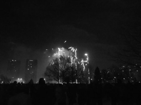 Greyscaled image - Pyrotechnics show on New Year Eve forming blue and yellow cracking light peformance during the first wave of fireworks.の写真素材